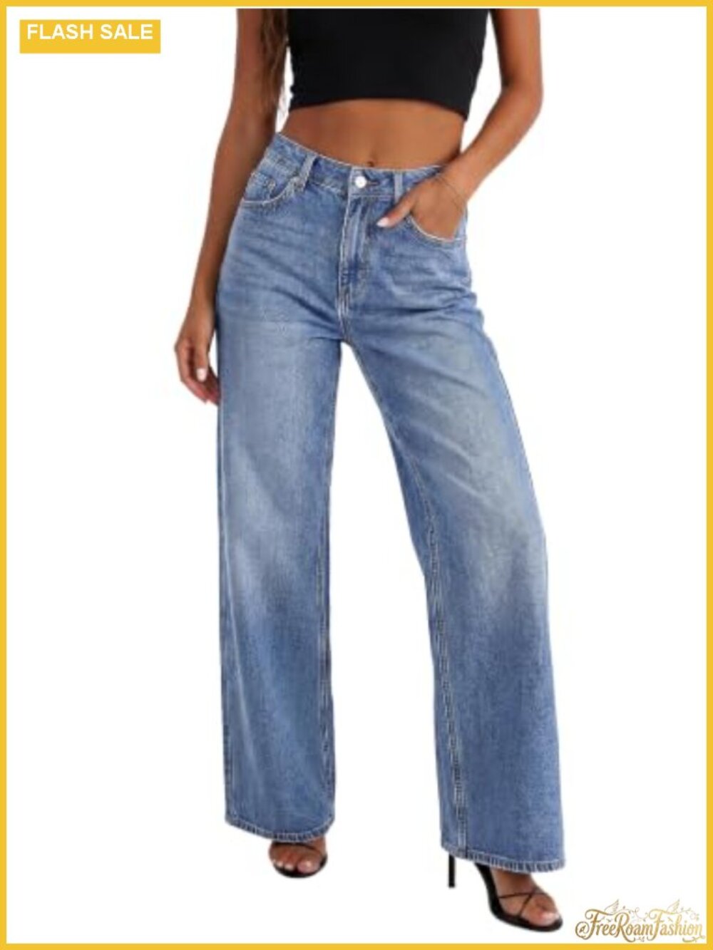 High Waisted Wide Leg Jeans Loose Stretchy Denim Pants with Pockets